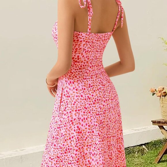 Women's Sleeveless Sundress with Pockets Floral Pink Small Mini Summer Dress - Picture 4 of 6